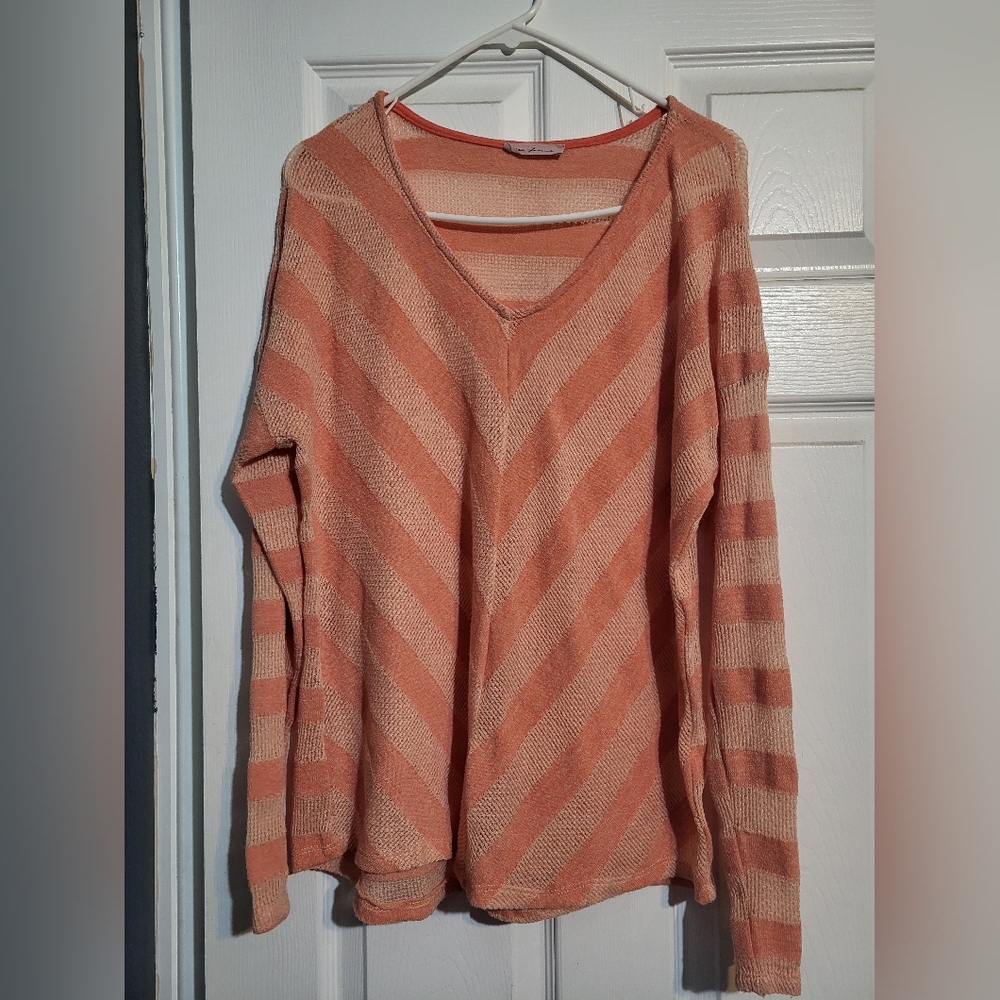 Striped V-Neck Sweater - Peach and Cream